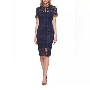 Eliza J Illusion Lace Dress Elegant Navy Lace Dress Size 4 EUC